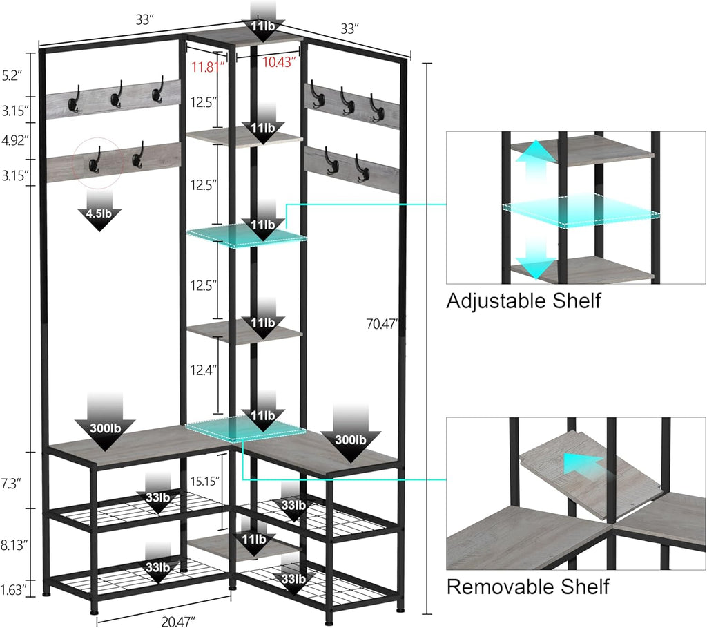GiftGo Corner Hall Tree with Shoe Rack Storage Bench Display Open Shelves Modern Industrial Entryway Coat Rack Stand for Home Living Room Mudroom Bedroom Multifuncitonal 5 in 1 (Greige)