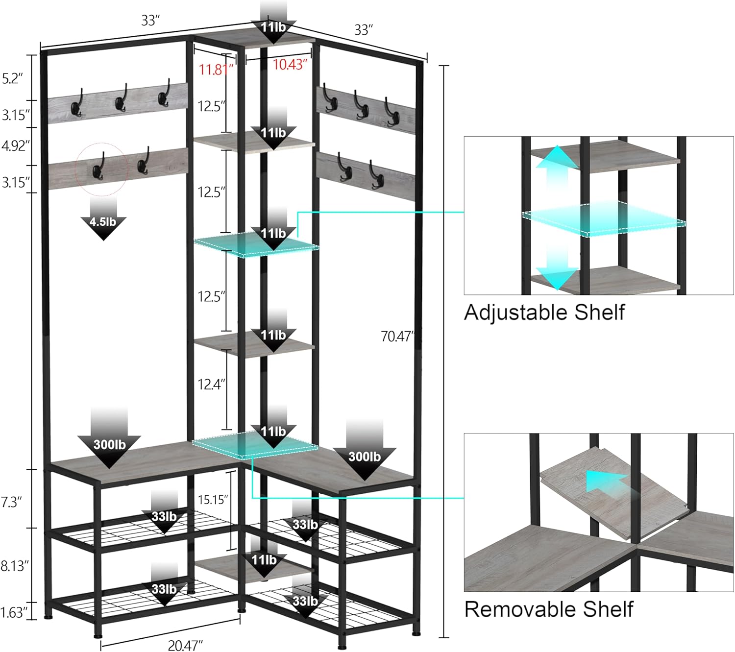 GiftGo Corner Hall Tree with Shoe Rack Storage Bench Display Open Shelves Modern Industrial Entryway Coat Rack Stand for Home Living Room Mudroom Bedroom Multifuncitonal 5 in 1 (Greige)