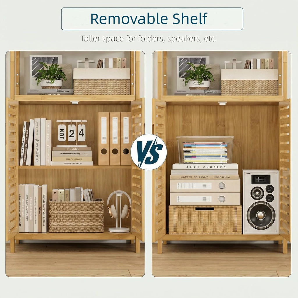 HIFIT 2 Set Tall Shelf Unit Bamboo Storage Cabinet with Doors, 5-Tier Bookshelves and Bookcases with Storage and Display, 67' Tall Cabinet w/Plant Stand for Bathroom,Living Room,Kitchen Dining,Balcony