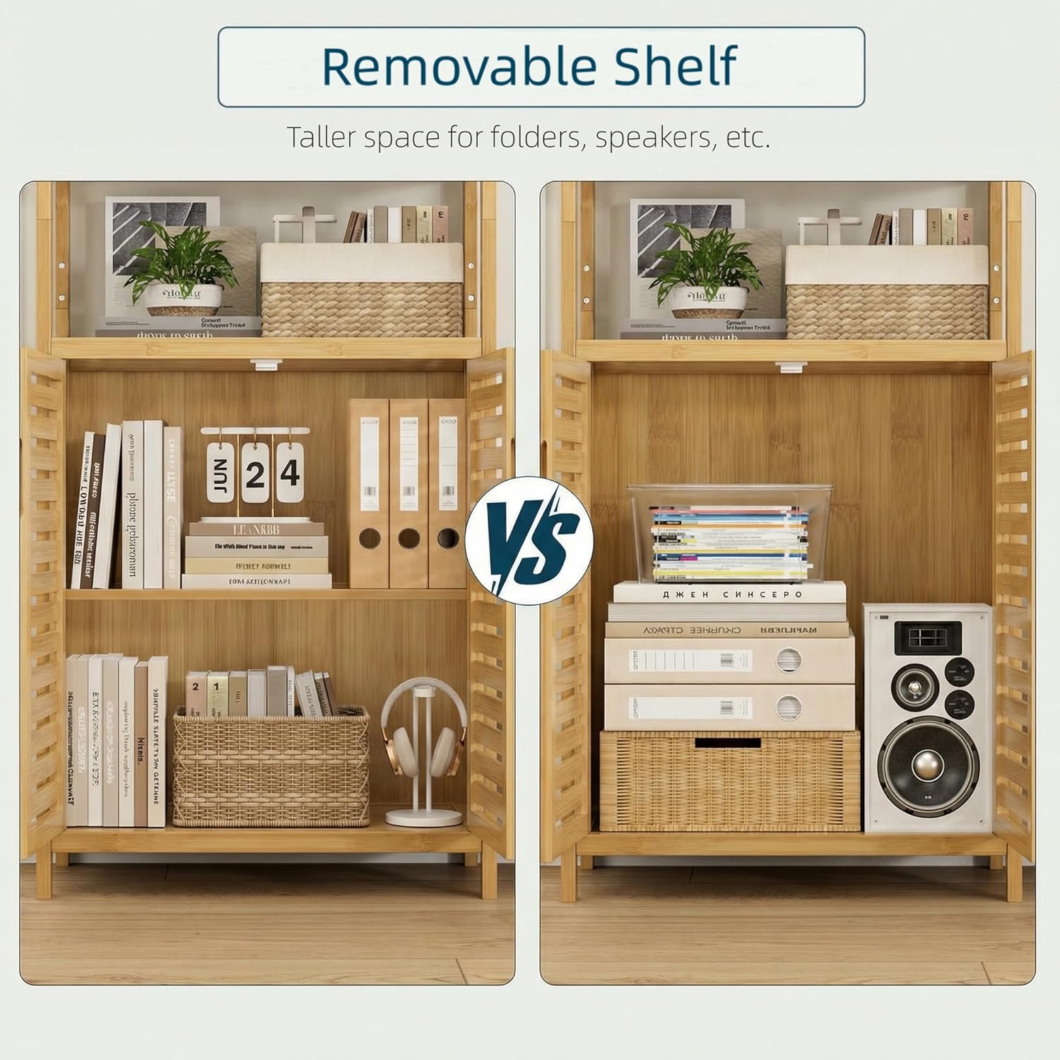 HIFIT 2 Set Tall Shelf Unit Bamboo Storage Cabinet with Doors, 5-Tier Bookshelves and Bookcases with Storage and Display, 67' Tall Cabinet w/Plant Stand for Bathroom,Living Room,Kitchen Dining,Balcony