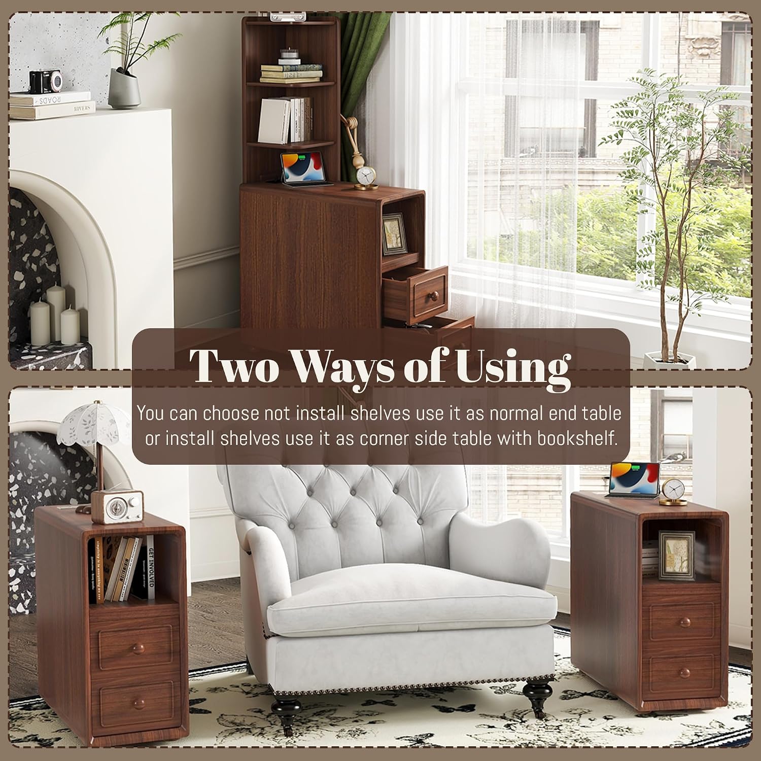 47.2' Tall Nightstand with Charging Station, Wood Tall End Table with Storage Drawers and Open Bookshelves, Narrow Sofa Table Corner Side Table for Small Spaces, Living Room, Bedroom, Walnut