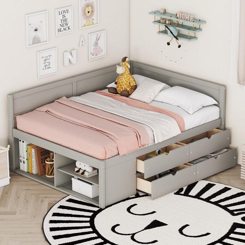 Harper & Bright Designs Full Size Corner Bed Frame with 4 Storage Drawers & Bookshelves,Wood Daybed with L Shape Headboard for Bedroom Living Room Nook,Gray