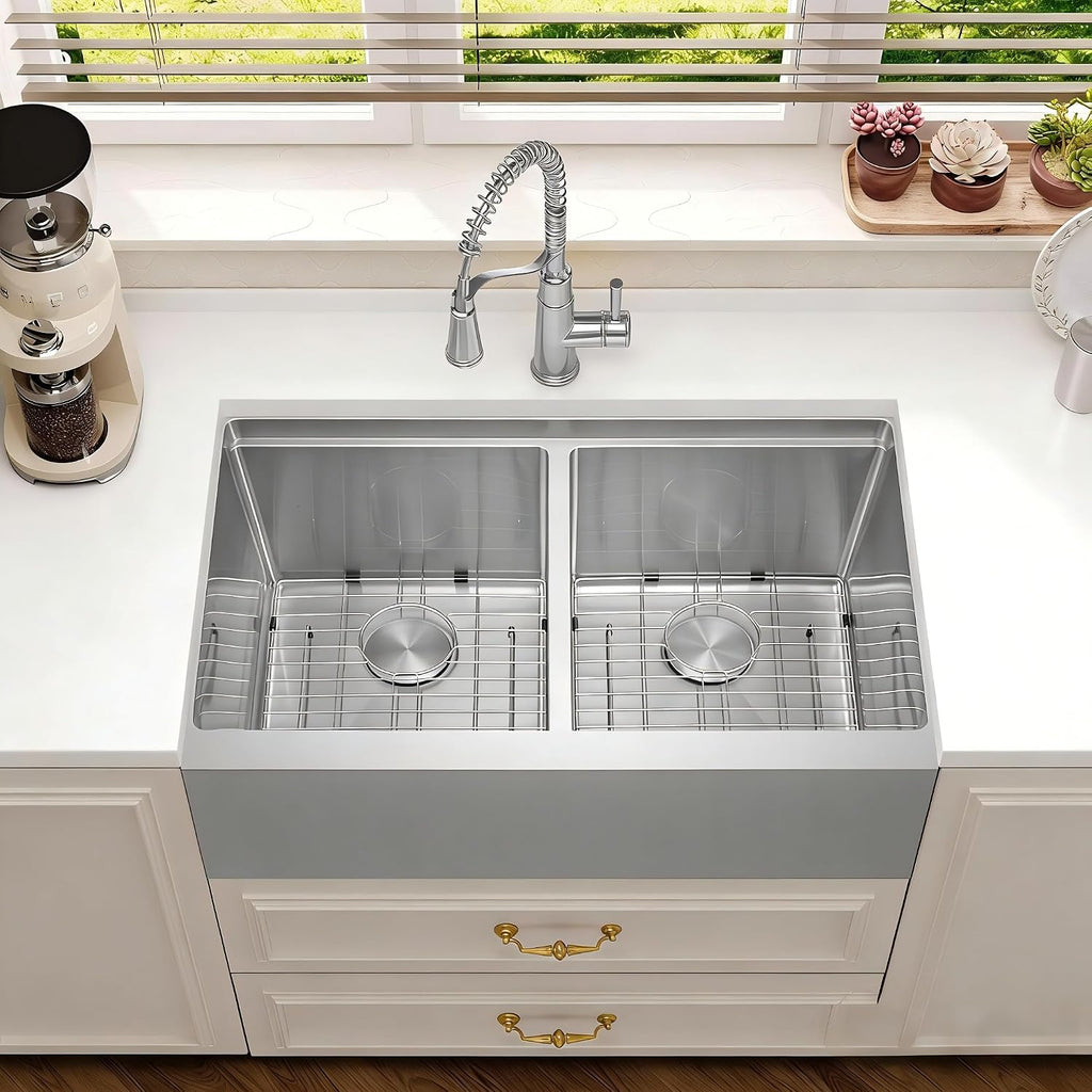 Kitsitchen Double Bowl Farmhouse Kitchen Sink, 16 Gauge 304S Stainless Steel Farm Sinks, 50/50 Design 10 Inch Deep Workstation Sinks with Accessories（28'X 22' x 10' ，Stainless Steel Color）