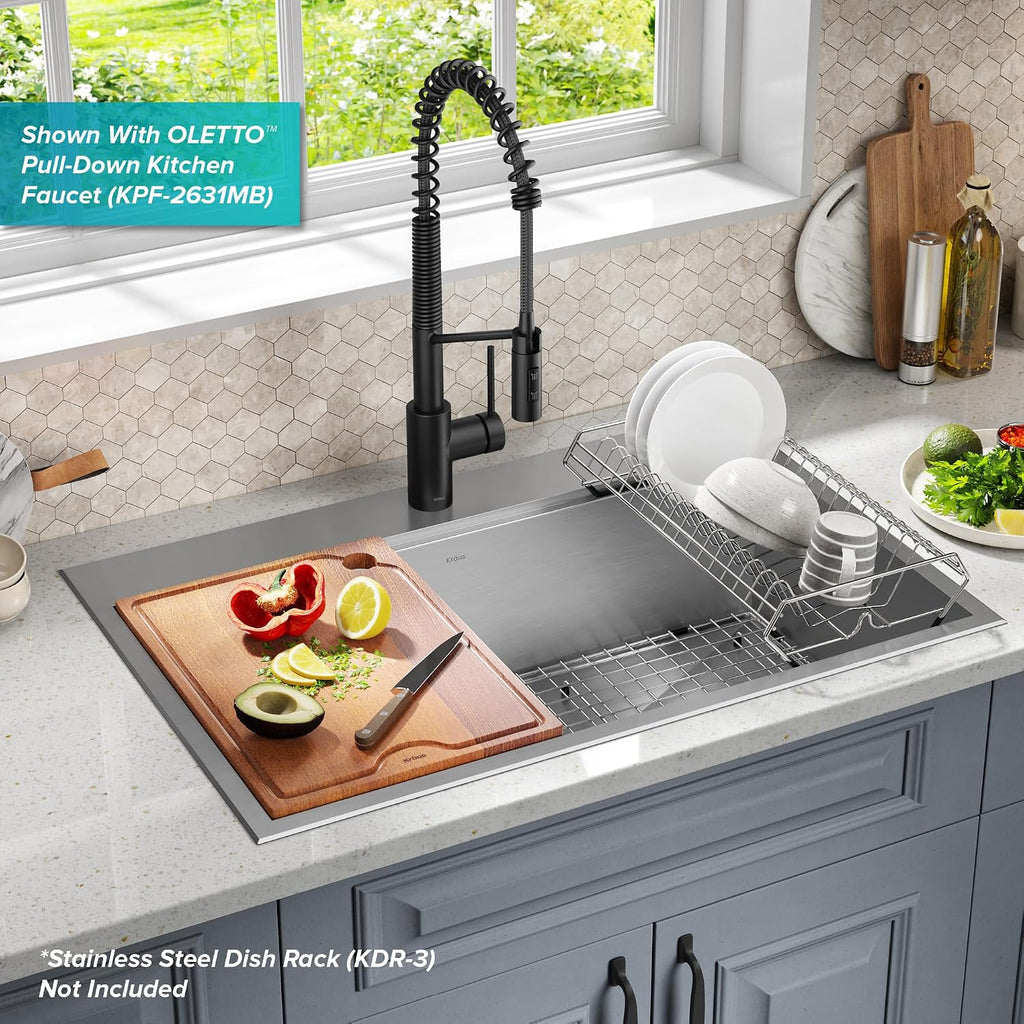 KRAUS Kore 33-in Drop-In Workstation 16 Gauge Stainless Steel Single Bowl Kitchen Sink with Accessories