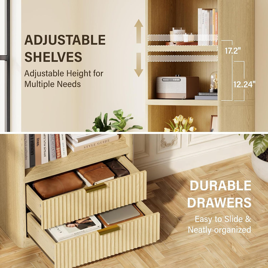 YESHOMY 79' Tall Wooden Bookshelf with Drawers, Corner Bookshelf Organizer with 4-Tier Open Shelves, Fluted Bookcase Storage Shelves for Home, Office,Living Room, 1 PCS