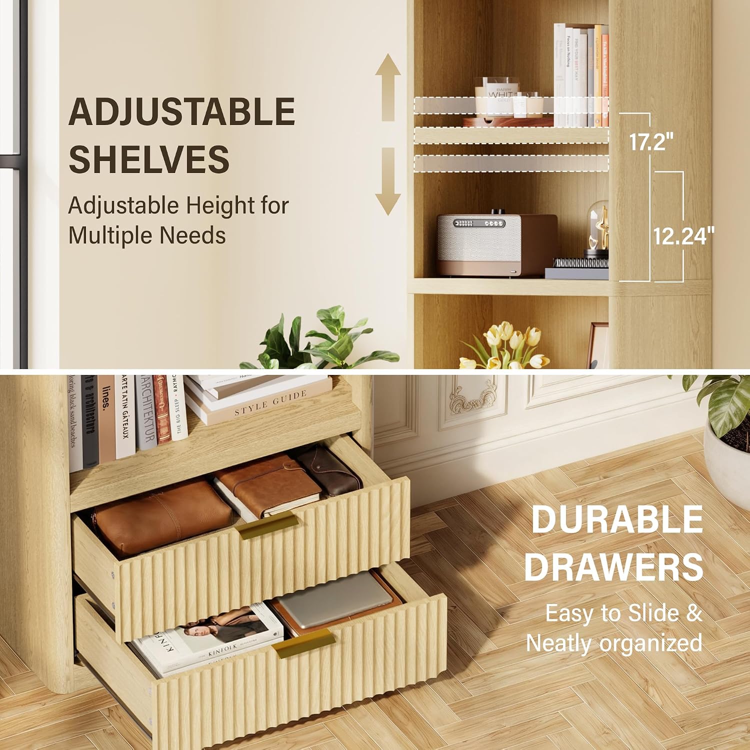 YESHOMY 79' Tall Wooden Bookshelf with Drawers, Corner Bookshelf Organizer with 4-Tier Open Shelves, Fluted Bookcase Storage Shelves for Home, Office,Living Room, 2 PCS