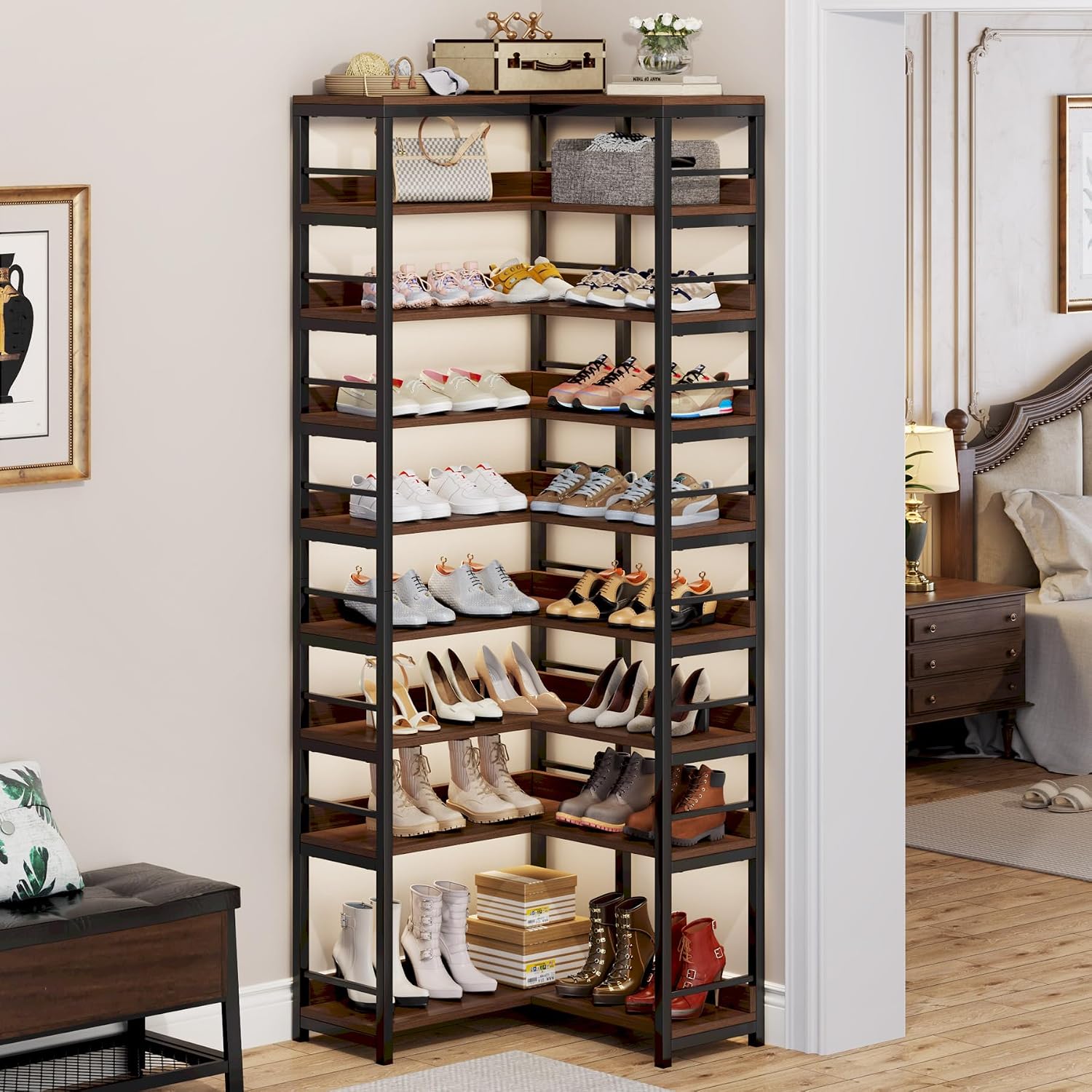 Tribesigns 9 Tiers Corner Shoe Rack, Tall Vertical Shoe Rack Organizer, Free Standing Large Shoe Storage Shelf for Entryway Hallway Closet, Space Saving, Rustic Brown