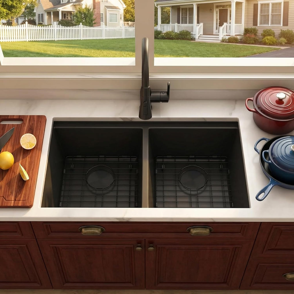 MILOSEN Black Double Bowl Kitchen Sink, 30x18 Inch T304 Stainless Steel Undermount Workstation Sink, 50/50 Double Bowl 10 Inch Deep Handmade Kitchen Sinks, Undermount Black Sinks with Accessories