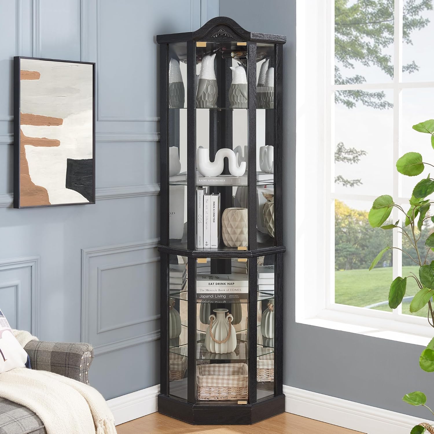 72' H Lighted Corner Curio Cabinet, Wooden Curio Cabinet with Tempered Glass Doors, 6-Tier Shelves Corner Cabinet with Glass, Liquor Display Storage Rack for Living Room(Black)