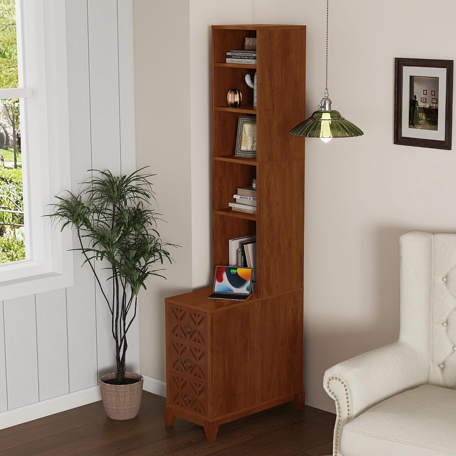End Table with 3 Drawers & 4 Adjustable Shelves,Corner Table with USB & AC Charge Station,X-Shaped Carved Front,Solid Wood Frame,Tall Narrow Side Tables for Bedroom,Living Room,Small Space,Natural