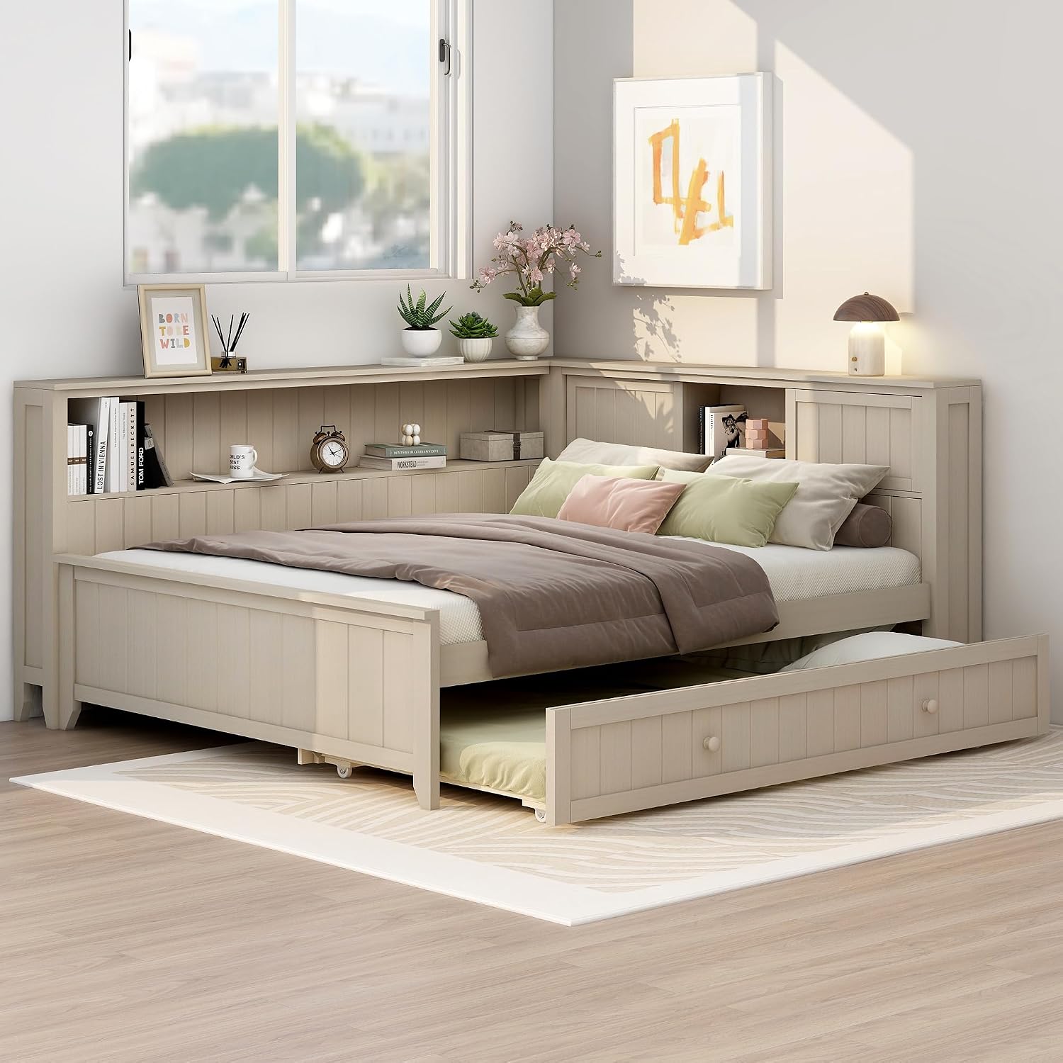 Merax Full Size Daybed with Storage Shelves and Trundle, Wood Slat Support, No Box Spring Needed, Antique White