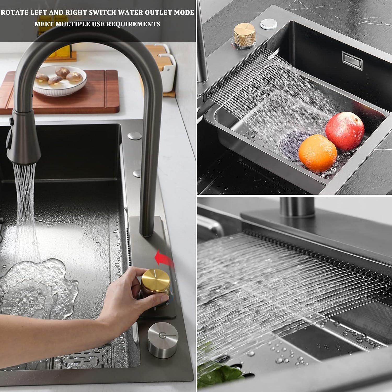 304 Stainless Steel Waterfall Bar Sink Black Single Bowl Kitchen Sink Multi-Function Rv Sink with Pull-Out Faucet and Drainage Cponents Top Mount Or Undermount (Color : Black-B, Size :