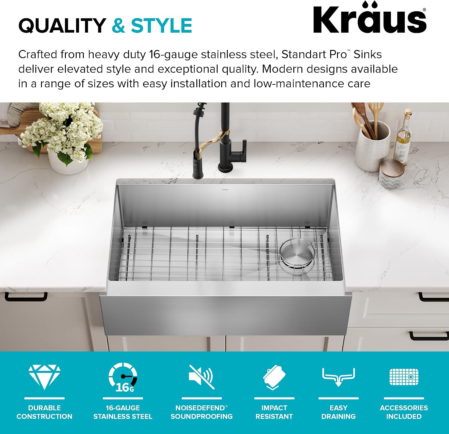 KRAUS Standart Pro 33-Inch Flat Apron Front Farmhouse 16-Gauge Single Bowl Stainless Steel Kitchen Sink, KHF410-33