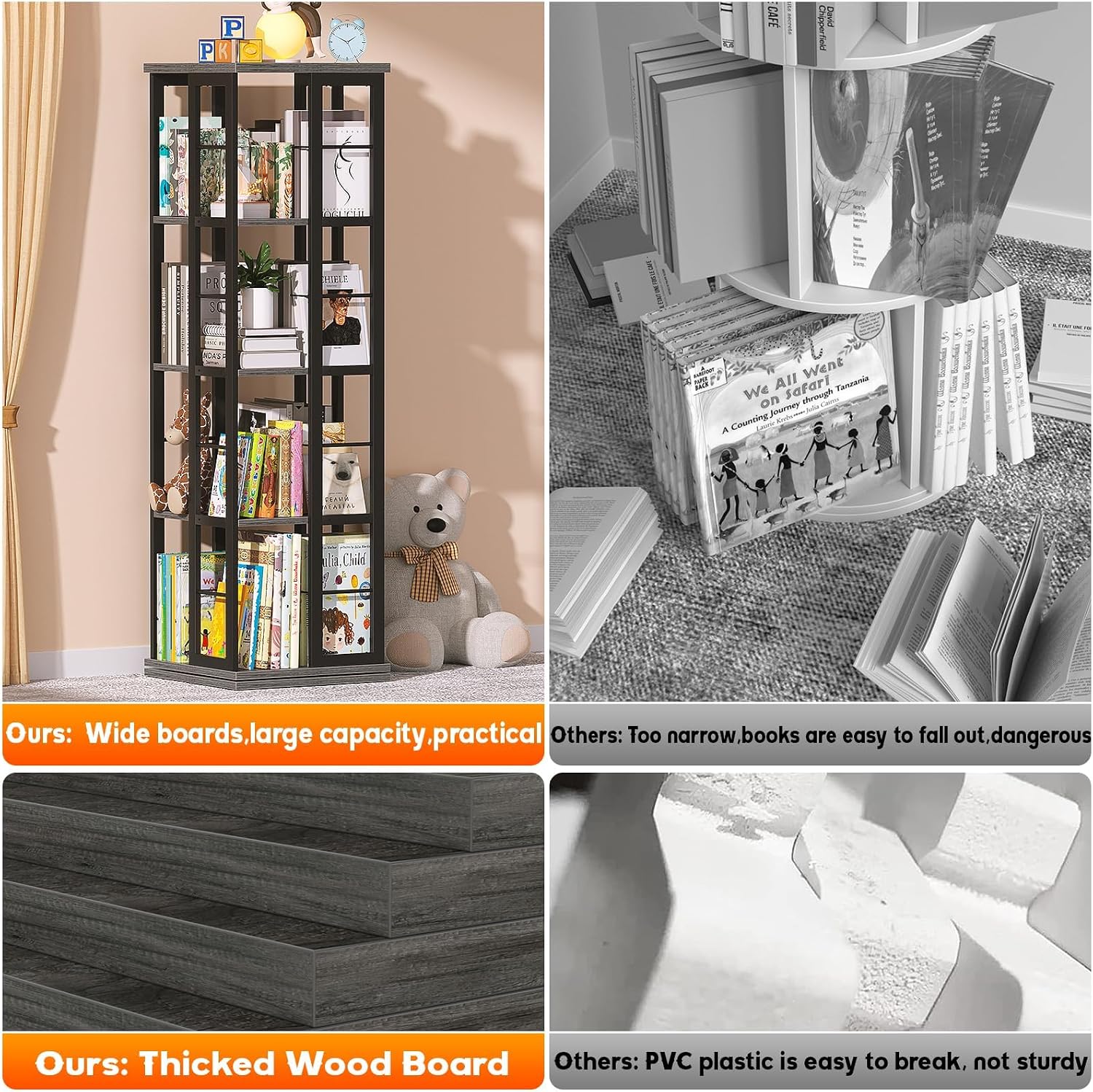Aheaplus Rotating Bookshelf, 4-Tier Corner Bookshelf, 360 Display Wood Spinning Bookshelf, Floor Standing Bookcase Narrow Shelf Revolving Organizer Storage Rack for Small Space, Grey Oak