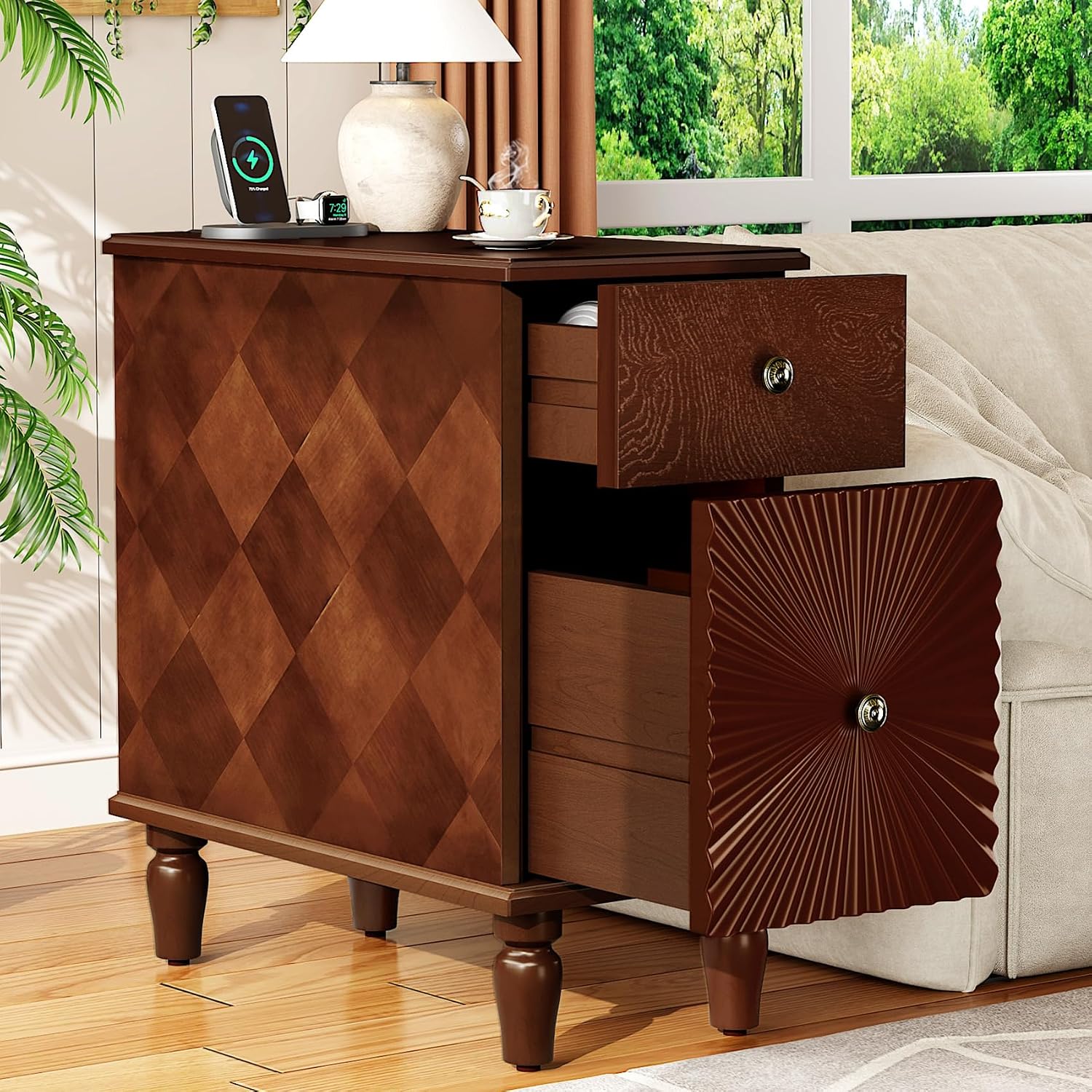 Wood End Table with Charging Station, Fully Assembled Slim Side Table with Drawers, Narrow Nightstand Bedside Table for Small Spaces, Living Room, Bedroom,Walnut