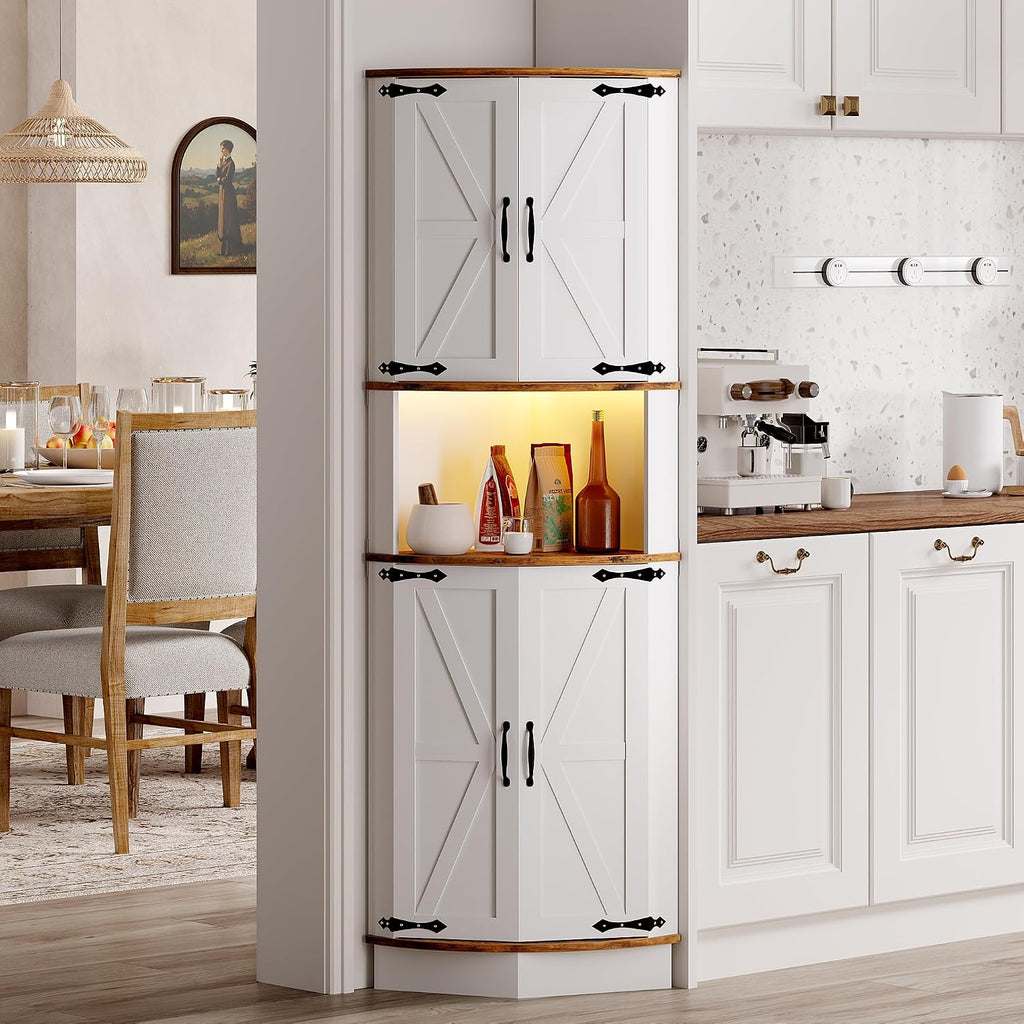 64.6' Farmhouse Corner Cabinet with LED Light, Tall Bathroom Cabinet with 4 Barn Doors and 5 Tier Shelves, Freestanding Corner Bar Cabinet with USB Ports & Outlets for Living Room, Kitchen, Bar, Brown
