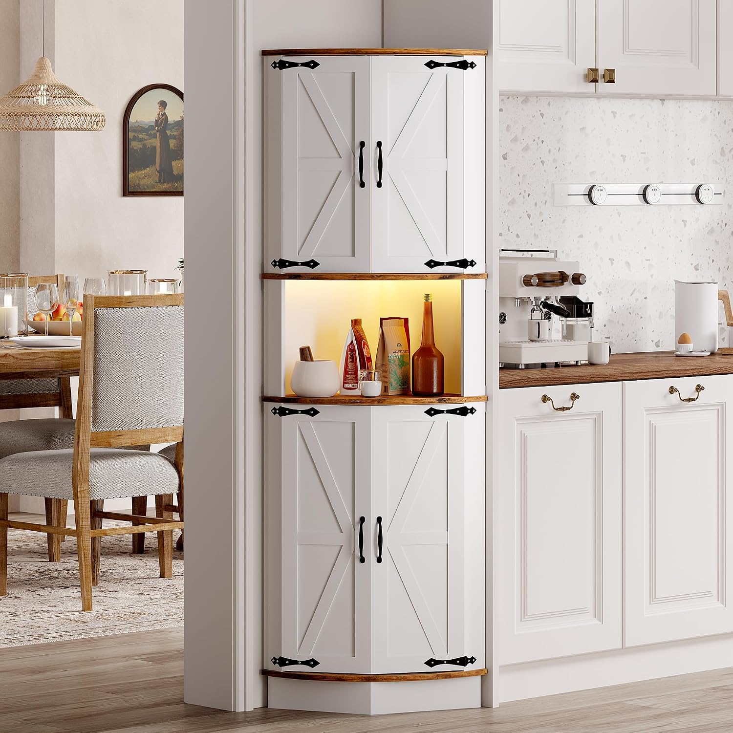 64.6' Farmhouse Corner Cabinet with LED Light, Tall Bathroom Cabinet with 4 Barn Doors and 5 Tier Shelves, Freestanding Corner Bar Cabinet with USB Ports & Outlets for Living Room, Kitchen, Bar, Brown