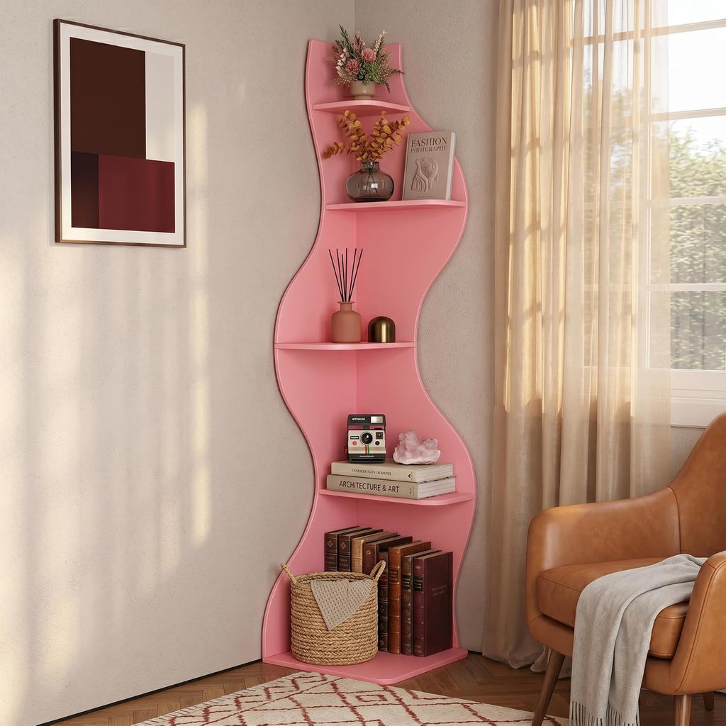 YOWOS 69.4' 5-Tier Modern Corner Bookshelf – Wavy Wooden Display Shelf with Storage, Narrow Corner Bookcase for Small Spaces, Ideal for Plants, Books & Decor (Pink)