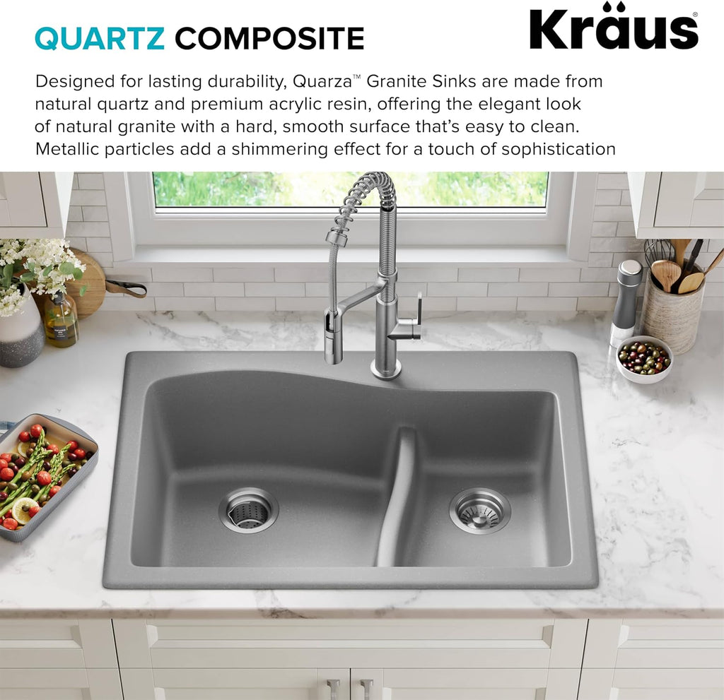 KRAUS Quarza 33-inch Drop-In/Undermount 60/40 Double Bowl Granite Kitchen Sink in Grey, KGD-442GREY