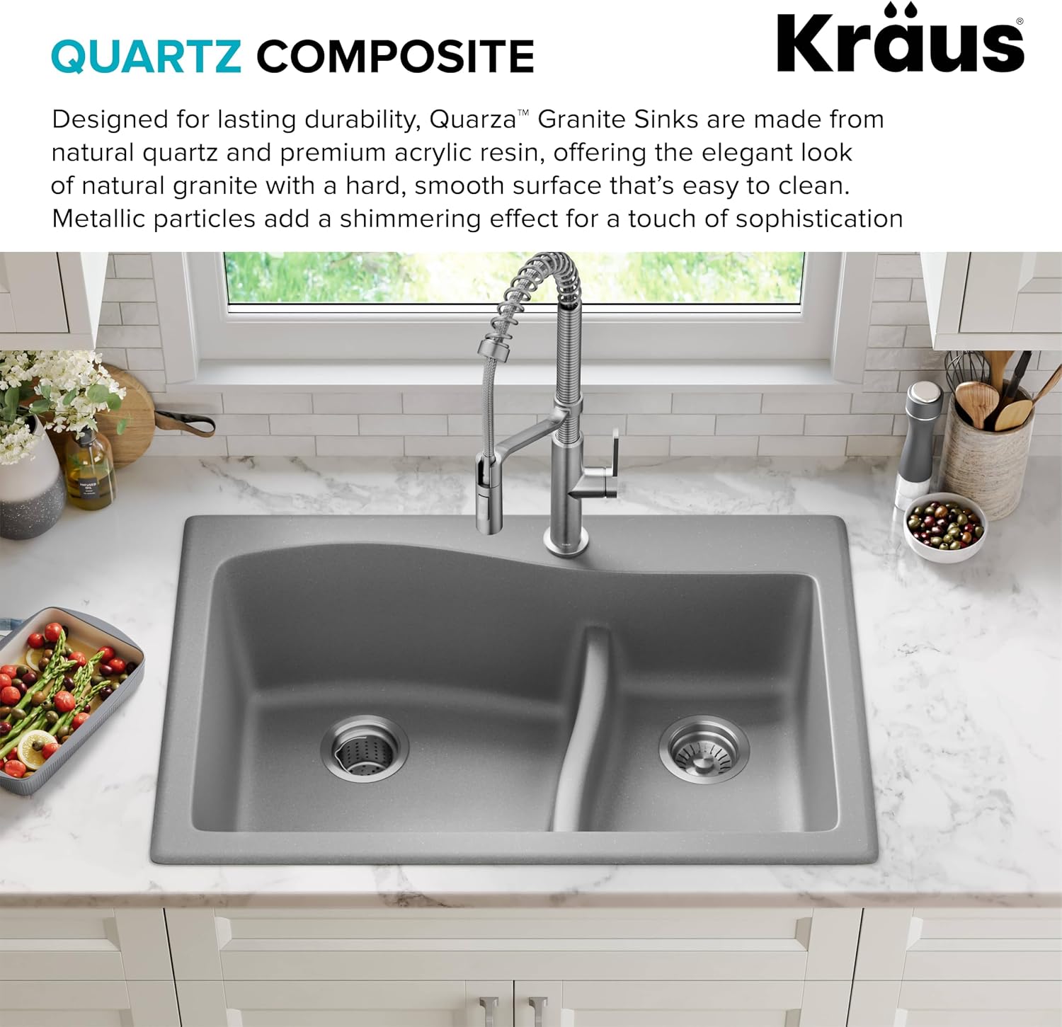 KRAUS Quarza 33-inch Drop-In/Undermount 60/40 Double Bowl Granite Kitchen Sink in Grey, KGD-442GREY