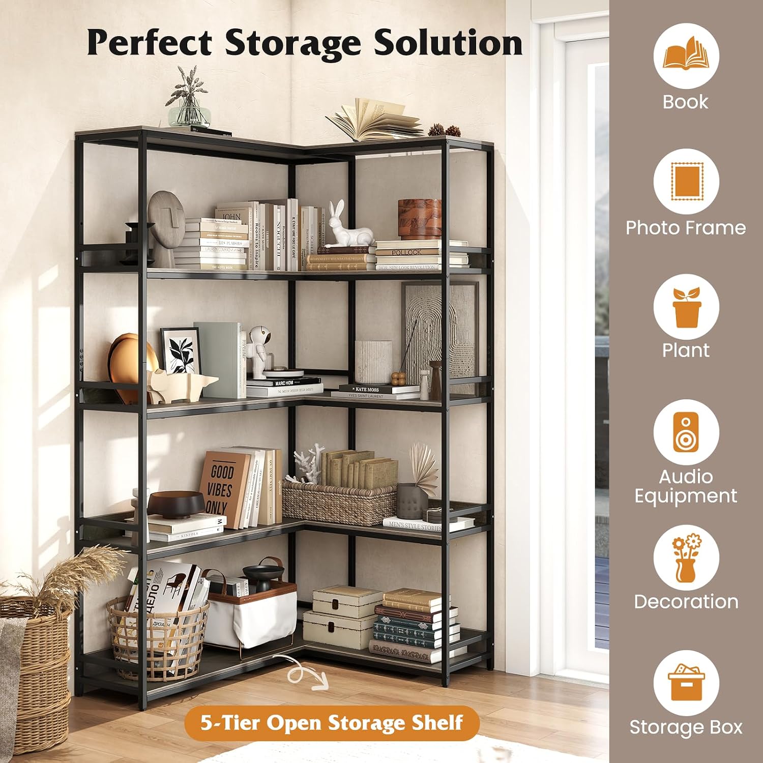 Tangkula Large Corner Bookshelf, 90 Degrees 5-Tier Industrial Wood Open Corner Bookcase for Small Spaces, Heavy-Duty Metal Frame, 71'H L-Shaped Storage Display Rack for Living Room (Oak)