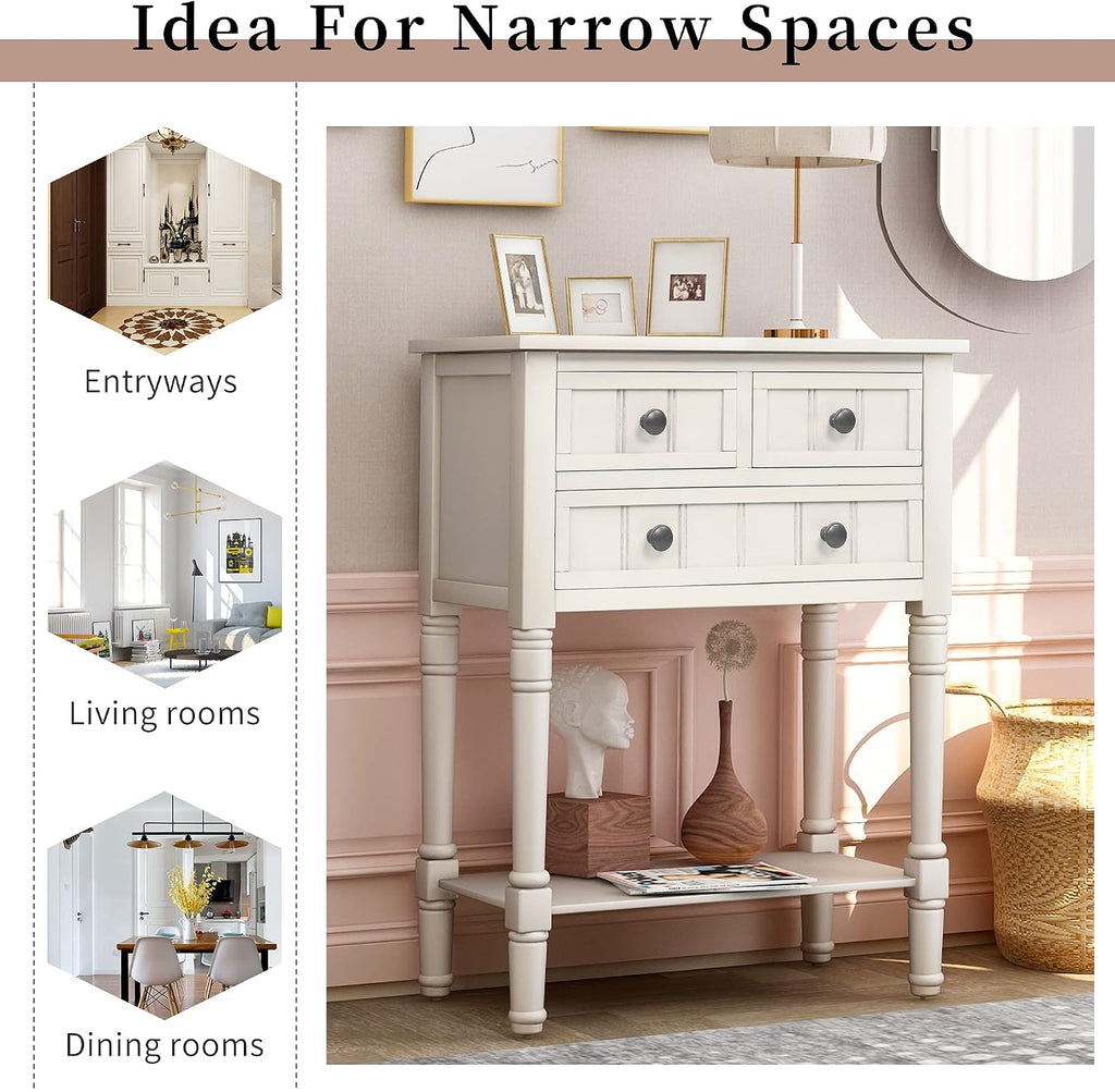 P PURLOVE Narrow Console Table, Farmhouse Entryway Table Slim Sofa Table with Three Storage Drawers and Bottom Shelf, Wood Entry Table for Living Room,Easy Assembly,Ivory White