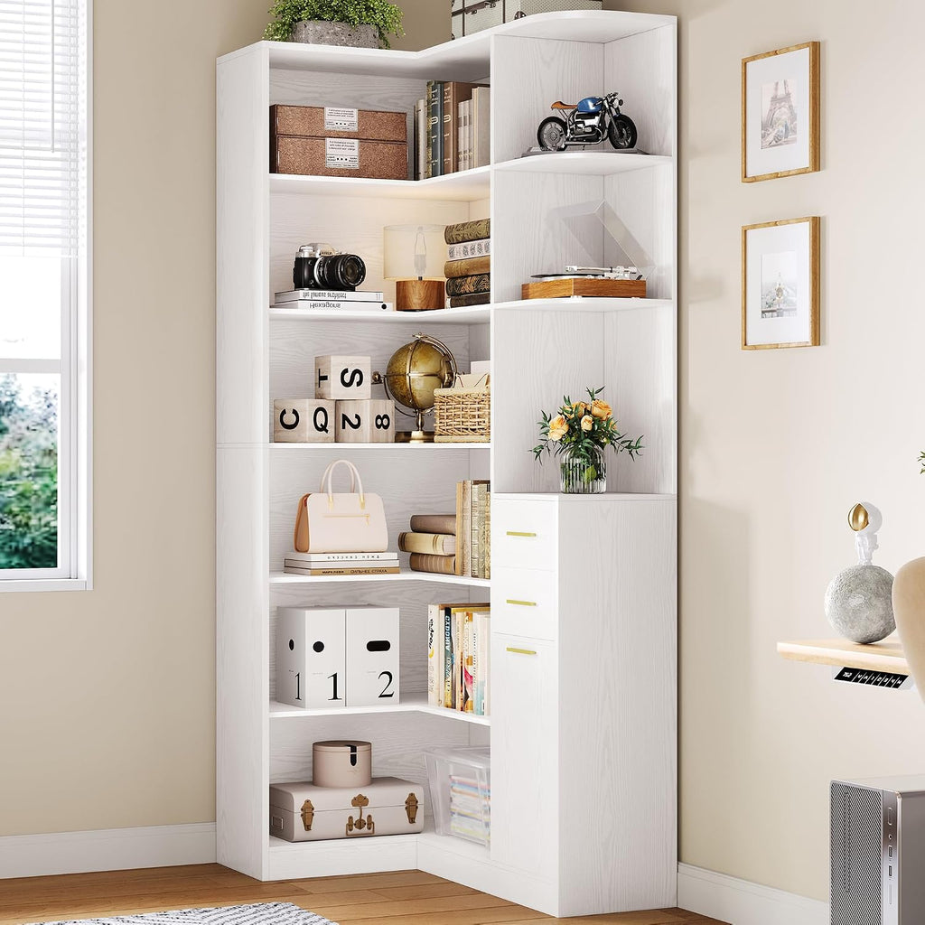 IRONCK Corner Bookshelf, 76' Tall Corner Bookshelves, 6 Tiers L-Shaped Bookcase with 10 Open Shelves and 2 Storage Drawers for Living Room or Home Office
