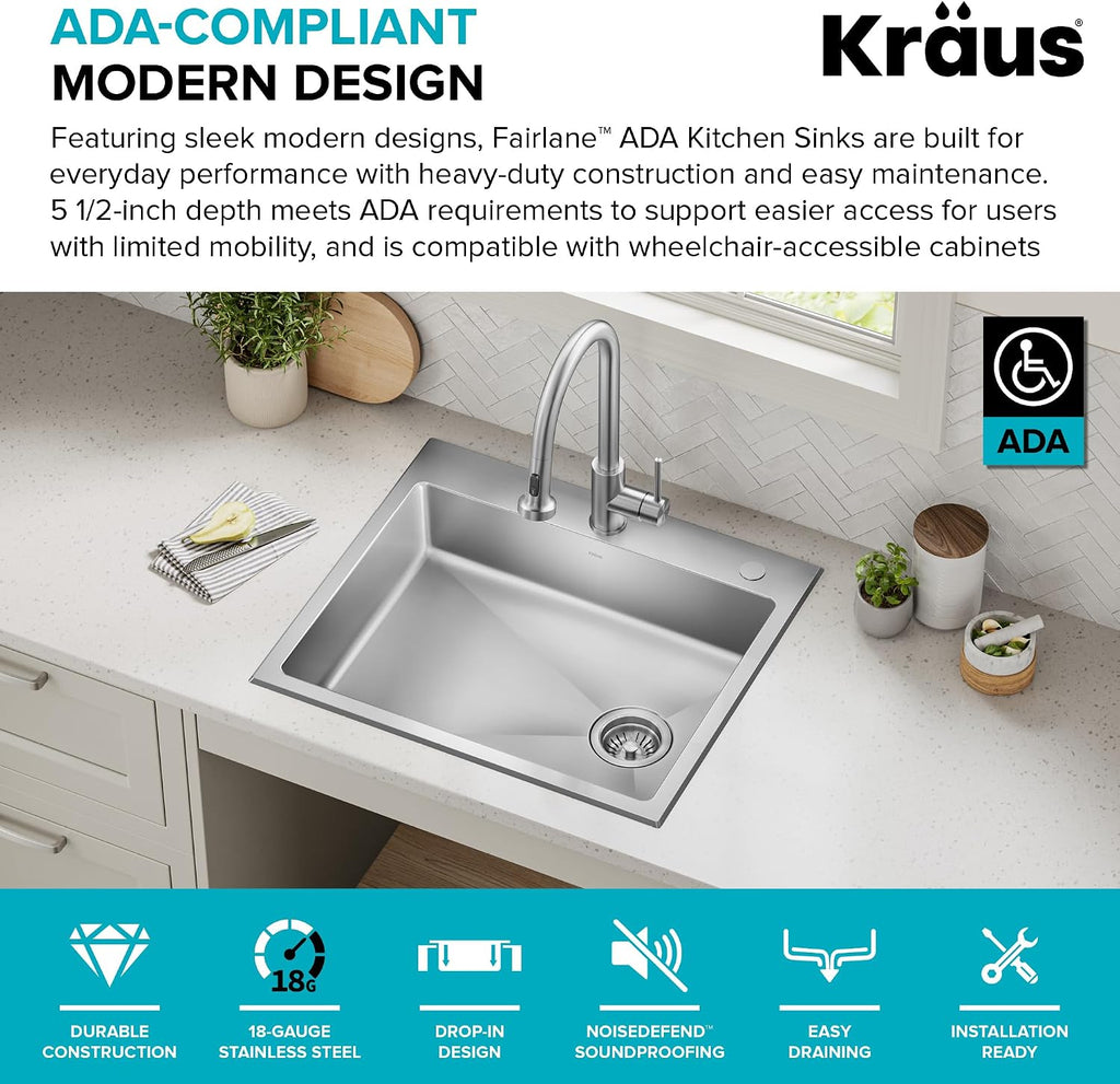 KRAUS Fairlane 25-inch ADA Compliant Drop In/Top Mount Single Bowl 18-Gauge Stainless Steel Kitchen Sink, KHT641-25-5.5