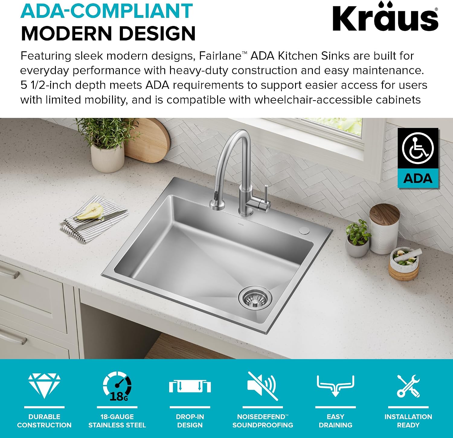KRAUS Fairlane 25-inch ADA Compliant Drop In/Top Mount Single Bowl 18-Gauge Stainless Steel Kitchen Sink, KHT641-25-5.5