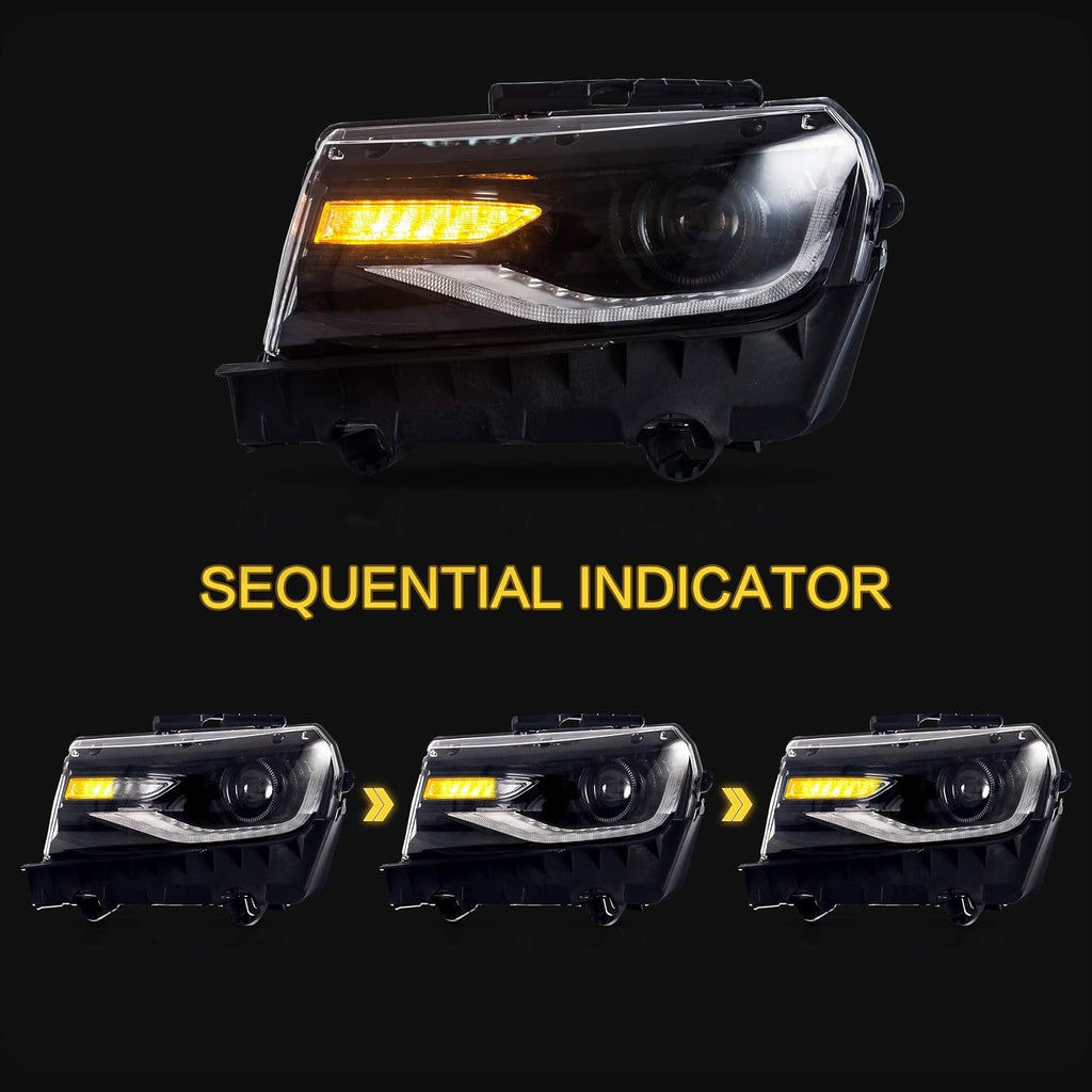 VLAND Headlights w/D2S Fit for 2014 2015 Chevy Camaro 5th Gen, Multicolor Front light with Sequential Turn Signal, W/Dual Beam Lens Dynamic DRL, Plug-n-Play Headlamp