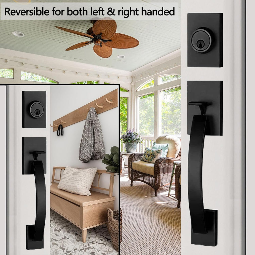 NEWBANG 2 Pack to be Keyed Alike Modern Keyed & Dummy Entry Handlesets for Double Front Doors with Same Culinders and Same Keys in Matte Black(2 PC Keyed and Dummy),MDHST2017DB-SET-2P