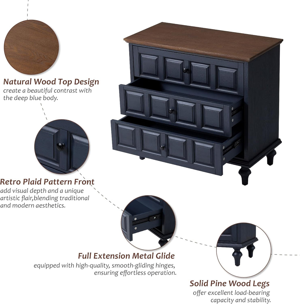 Aoikax Retro 3 Drawer Dresser with Plaid Pattern Front, Rustic Nightstand with Storage Chest for Bedroom, Living Room, Pine Wood, Aluminum Handle, Natural Wood, Dark Blue