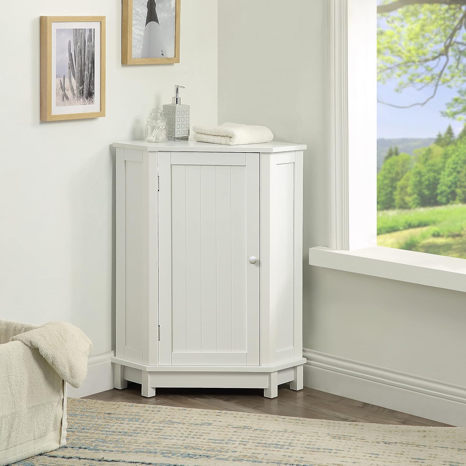 Bellemave Corner Bathroom Cabinet with Door and 2-Tier Adjustable Shelves, Floor Corner Storage Cabinet, Triangle Short Cabinets for Bathroom, Living Room (White)