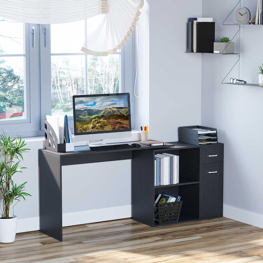 HOMCOM L Shaped Computer Desk, 180° Rotating Corner Desk with Storage Shelves, Drawer and Cabinet, Study Workstation for Home Office, 47.25'x19.75'x 53.75', Black