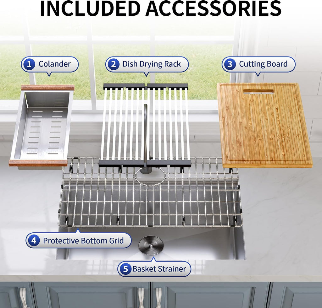 DeerValley 30 x 18 Inch Undermount Kitchen Sink Workstation - 18 Gauge Stainless Steel Single Bowl Sink, Handmade with Built-In Accessories, Ledge Design & Cutting Board