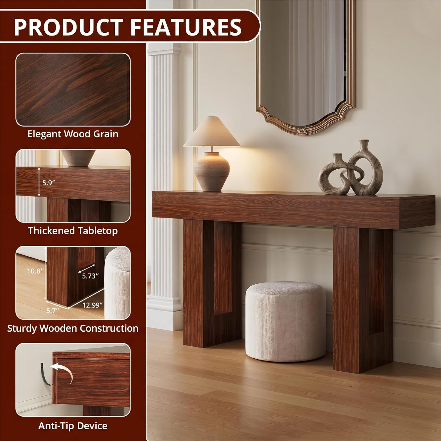 FURSUN 63' Console Table with 2 Drawers, Slim Entryway Table for Hallway, Narrow Sofa Table Behind Couch, Farmhouse Long Wood Accent Table for Foyer & Living Room, Dark Walnut