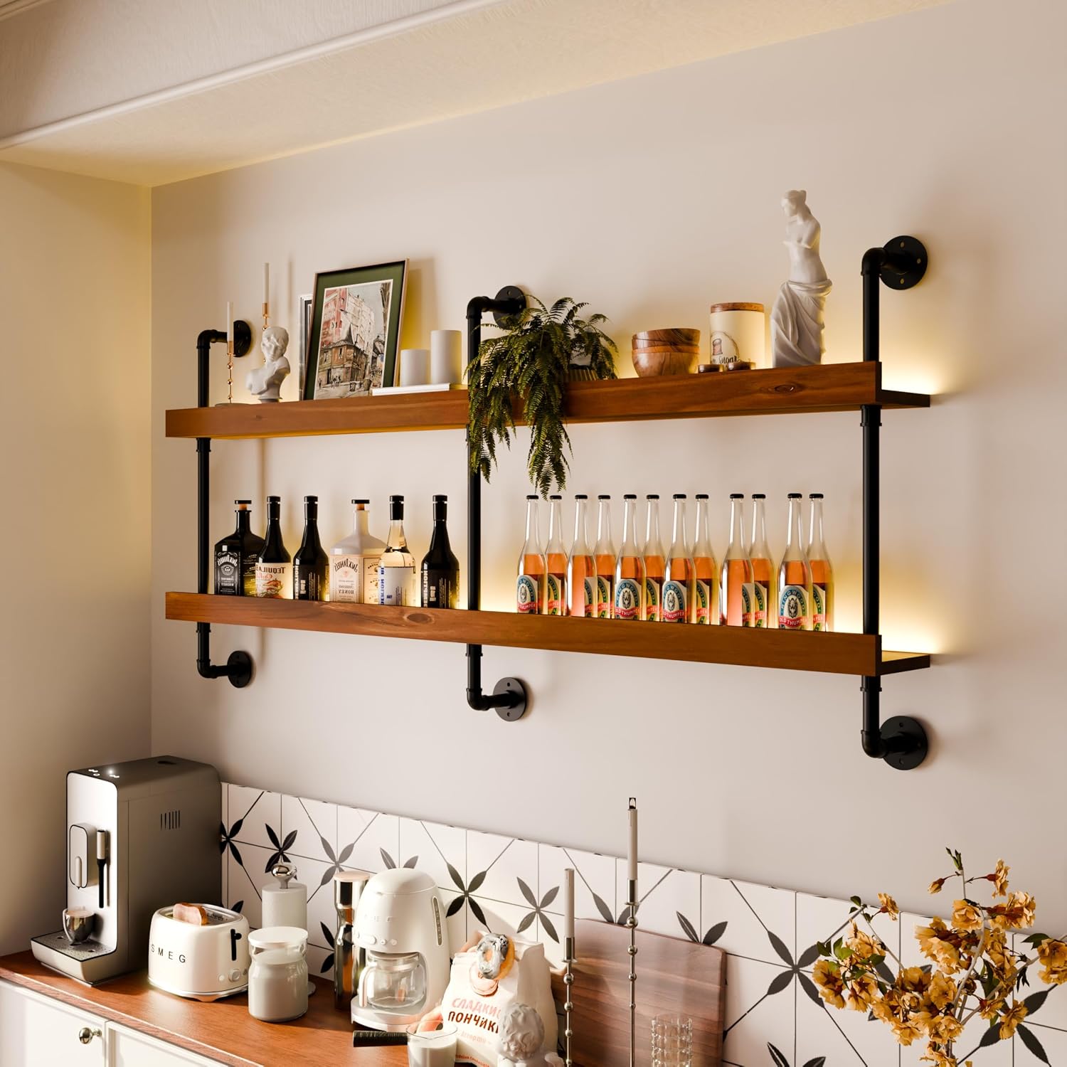 Wall Mounted Wine Rack with LED Light, LED Industrial Pipe Wine Shelf, 2-Tier Hanging Bottle Rack, Bar Storage Shelf for Bottles (Walnut Brown, 60')