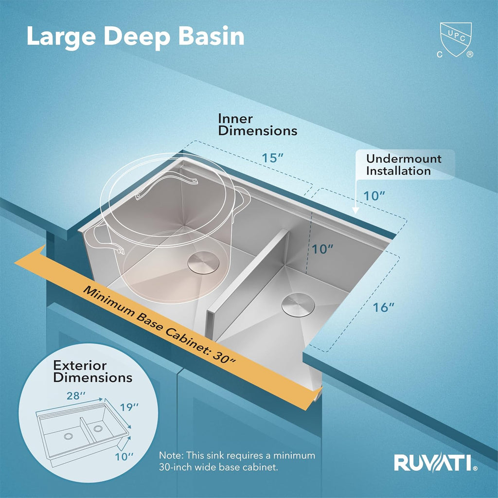 Ruvati 28-inch 60/40 Double Bowl Kitchen Sink - Undermount Low Divide 16 Gauge Stainless Steel Kitchen Sink with Brushed Finish hides scratches, Easy-to-Clean Undermount Sinks - RVH8341
