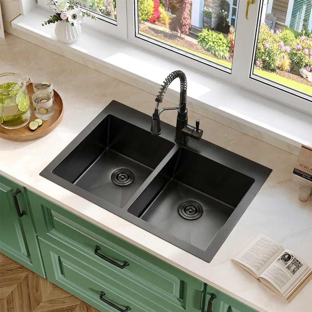 Black Kitchen Sink,33 X 22 inch Drop in Kitchen Sinks Double Bowl,16 Gauge Stainless Steel 50/50 Double Sink,Top Mount/Drop In Double Kitchen Sink 33 inch