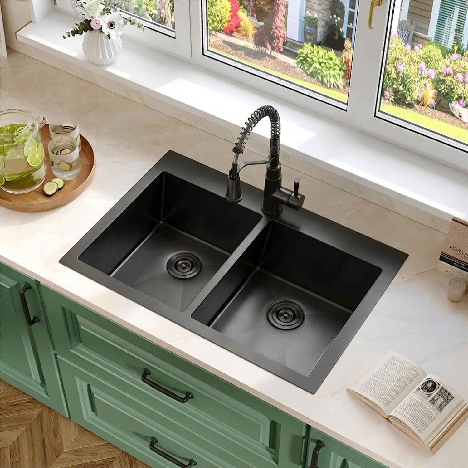 Black Kitchen Sink,33 X 22 inch Drop in Kitchen Sinks Double Bowl,16 Gauge Stainless Steel 50/50 Double Sink,Top Mount/Drop In Double Kitchen Sink 33 inch