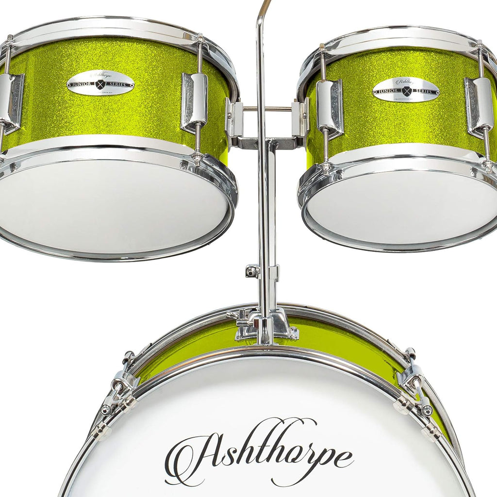 Ashthorpe 5-Piece Complete Junior Drum Set with Genuine Brass Cymbals - Advanced Beginner Kit with 16' Bass, Adjustable Throne, Cymbals, Hi-Hats, Pedals & Drumsticks - Green