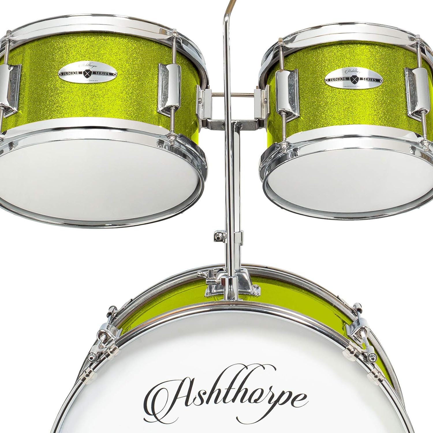 Ashthorpe 5-Piece Complete Junior Drum Set with Genuine Brass Cymbals - Advanced Beginner Kit with 16' Bass, Adjustable Throne, Cymbals, Hi-Hats, Pedals & Drumsticks - Green