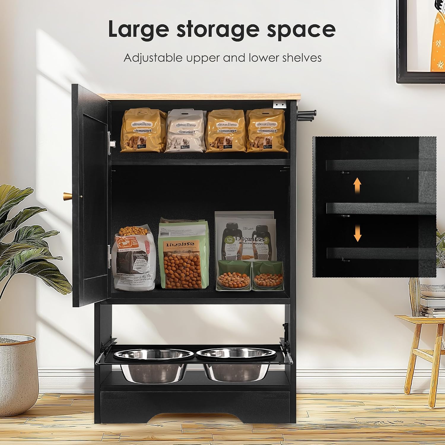 Echo Voyage Feeding Station with 1 Storage Cabinets, Pet Feeder Station with 2 Elevated Dog Bowls, Side Hooks, Anti-tip Kit, Hidden Pet Feeder Station for Feeding & Watering, Black