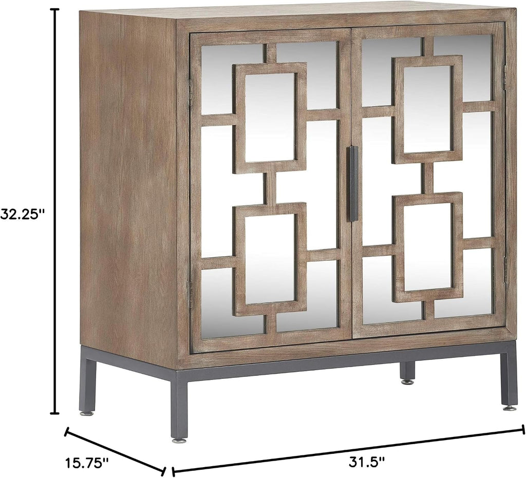 Tommy Hilfiger Hayworth Accent Storage Cabinet with Mirrored Doors, Contemporary Weathered Wood Console Table, Wood Overlay, Gray