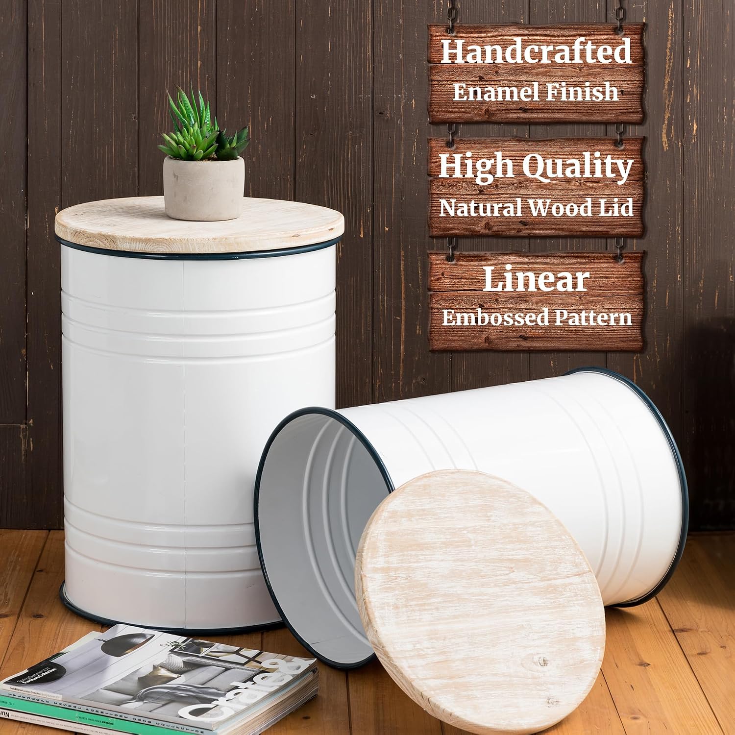 Glitzhome 4-Piece Galvanized Side Table Set, Metal Farmhouse Barrel Toy Box Bins with Round Wood Lid, Rustic Ottoman Seat Stool with Large Storage Space, for Living Room, Bedroom,White