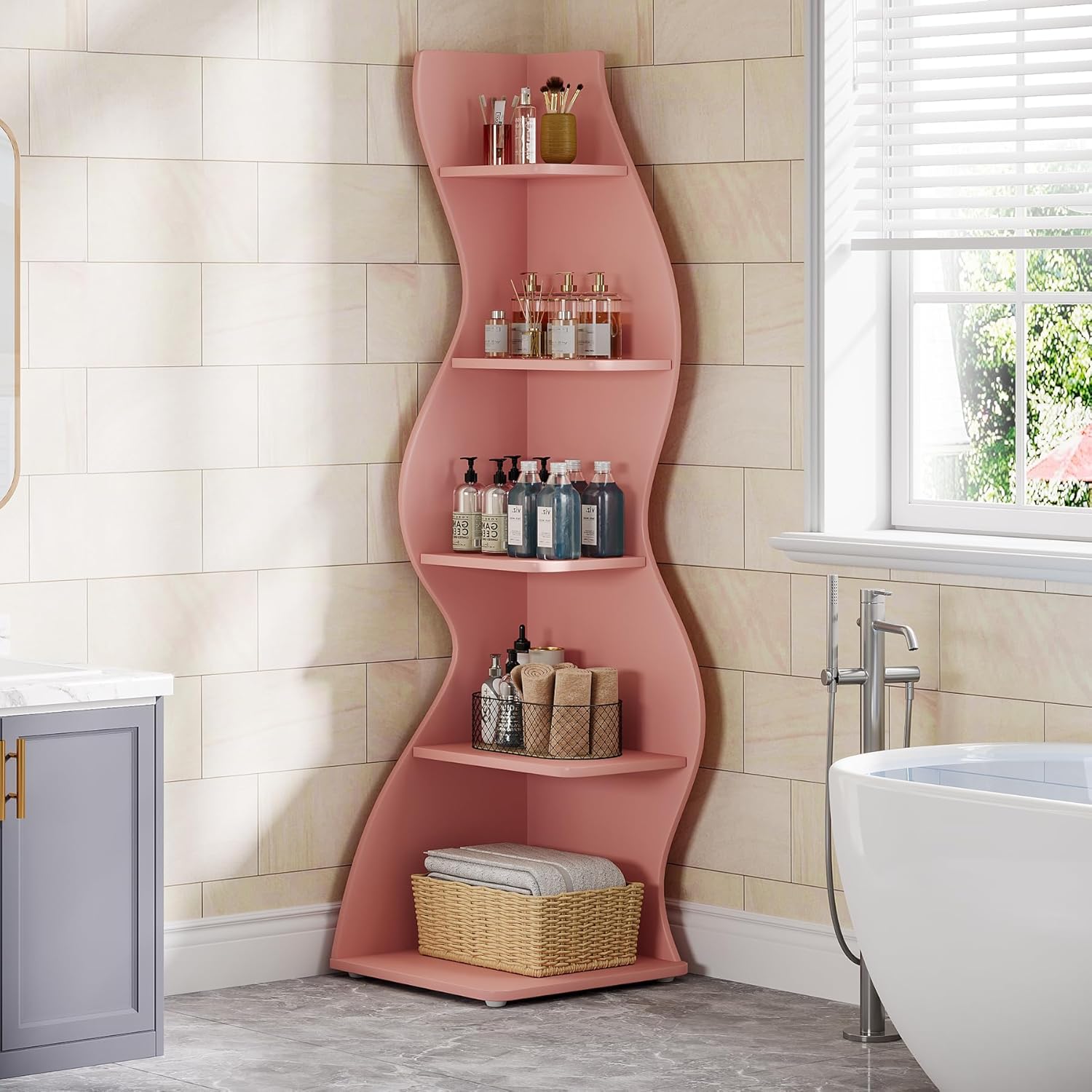 Tribesigns Wavy Corner Shelf Set of 2, Modern 5-Tier Bookshelf Etagere Bookcase with Curvy Shape, Unique Plant Stand Display Shelf for Living Room Small Space (Pink)