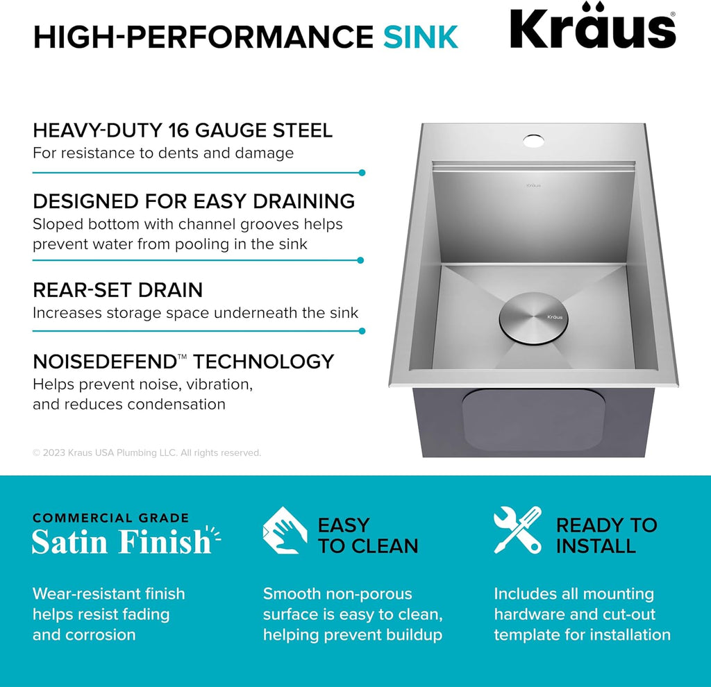 KRAUS Kore 15x22-Inch Drop In/Top Mount Workstation 16 Gauge Single Bowl Stainless Steel Bar Kitchen Sink with Accessories, Kitchen Sinks