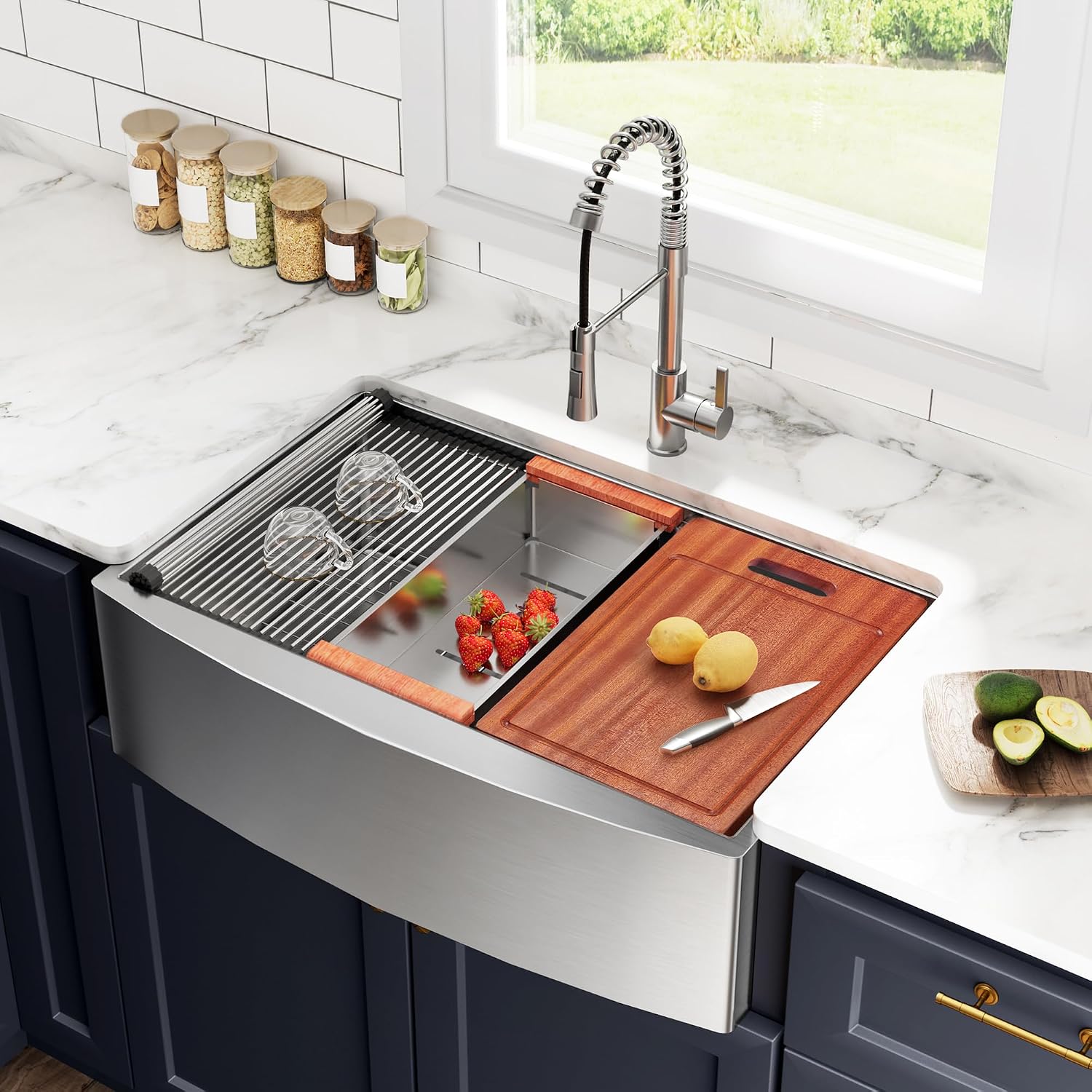 33x22 Inch Farmhouse Kitchen Sink – ALWEN 16 Gauge Scratch-Resistant Stainless Steel Workstation Apron Front Single Bowl Sink, R10 Radius, Ledge & Accessories Included