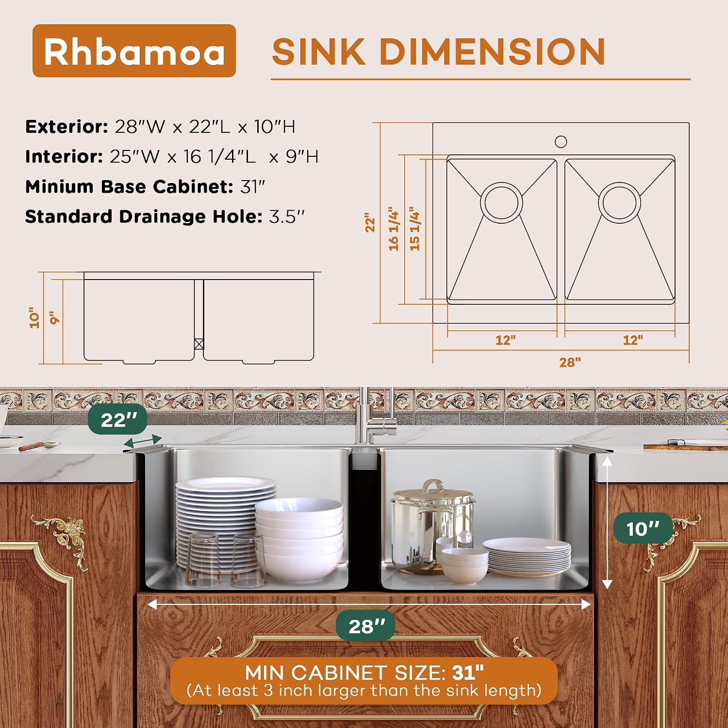 Rhbamoa 28 Inch Double Farmhouse Sink,16-Gauge T304 Drop In Farm Sink,50/50 Topmount Double Bowl Apron Front Farm Sinks,10 Inch Depth Stainless Steel Farmhouse Sinks with All Accessories