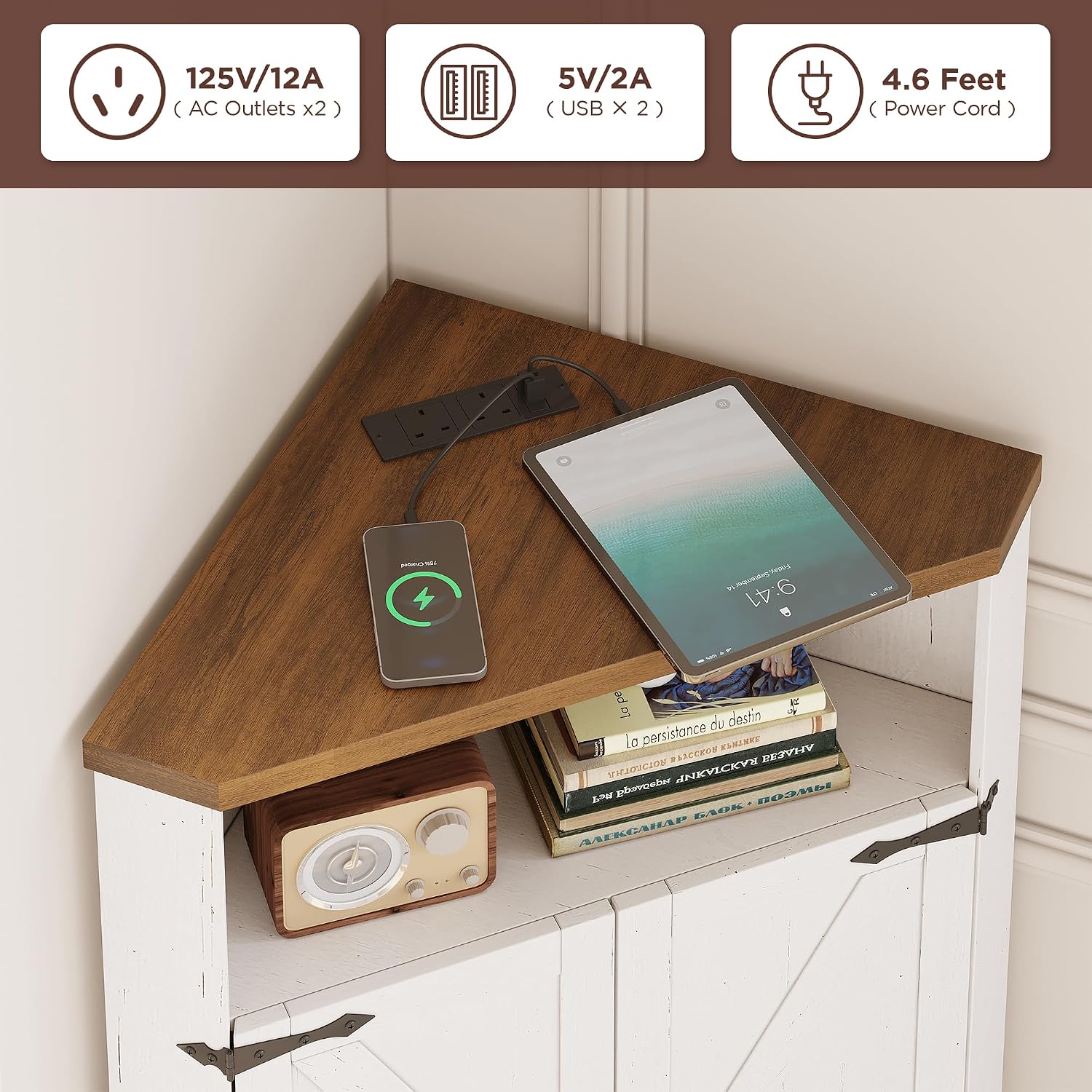 Vabches Small Corner Cabinet with Charging Station,Farmhouse Kitchen Corner Storage Cabinet with Barn Doors and Adjustable Shelves for Many Corner,Like Bathroom,and Kitchen